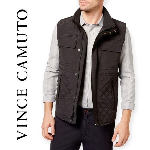 Vince Camuto | Large | Men's Black Quilted Zip-Front Utility Cargo Vest - Picture 1 of 7